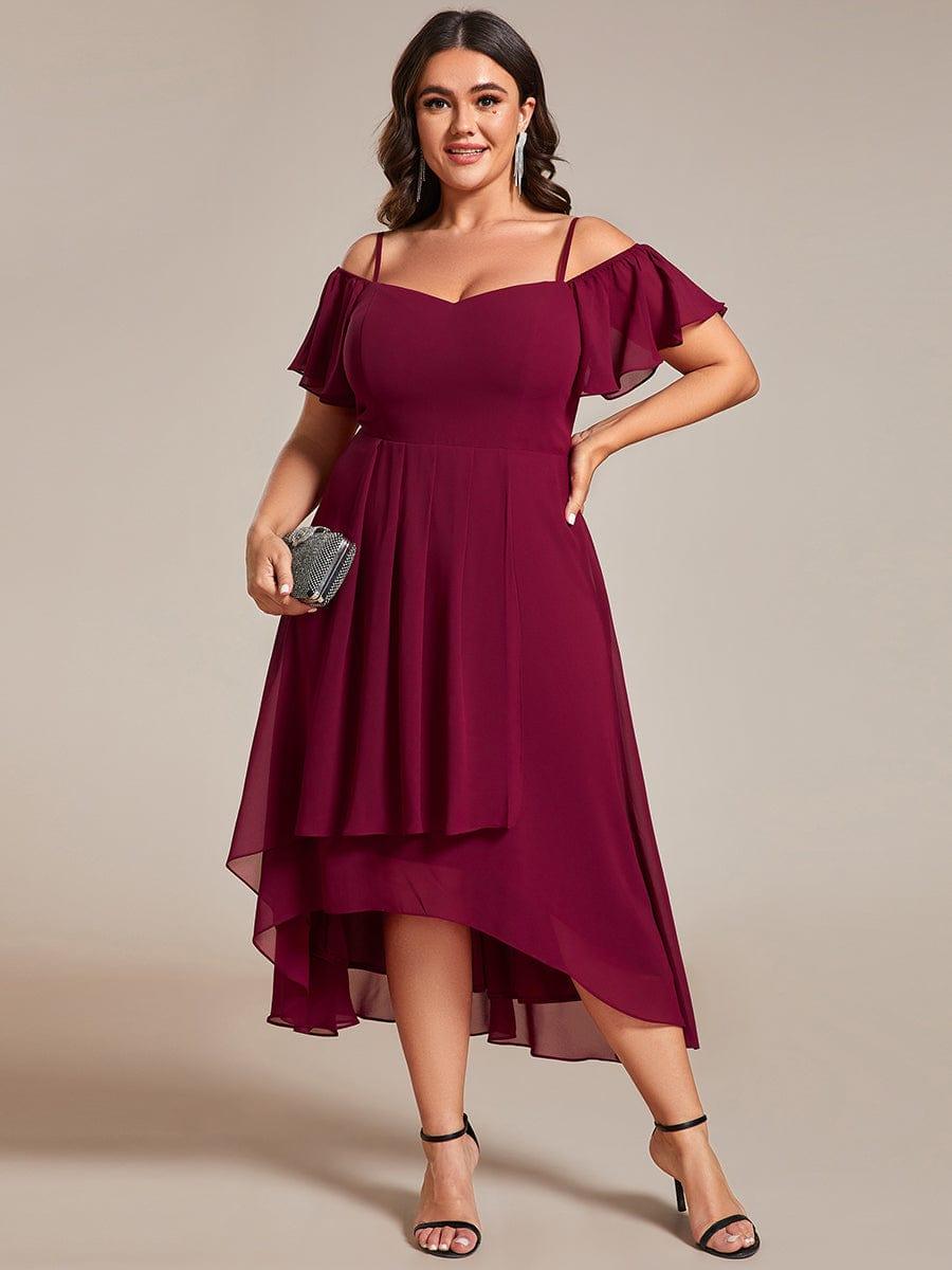 pretty JORDANE|Plus Size Cold Shoulder Sweetheart Necklin Chiffon Midi Wedding Guest Dress