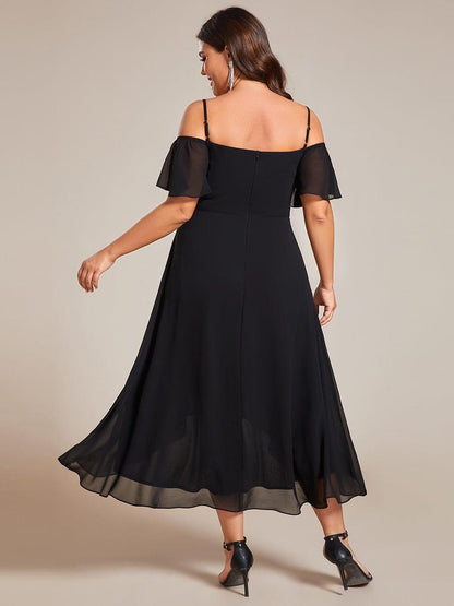 pretty JORDANE|Plus Size Cold Shoulder Sweetheart Necklin Chiffon Midi Wedding Guest Dress