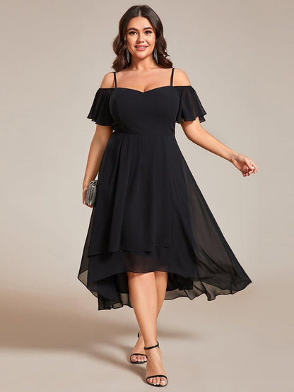 pretty JORDANE|Plus Size Cold Shoulder Sweetheart Necklin Chiffon Midi Wedding Guest Dress