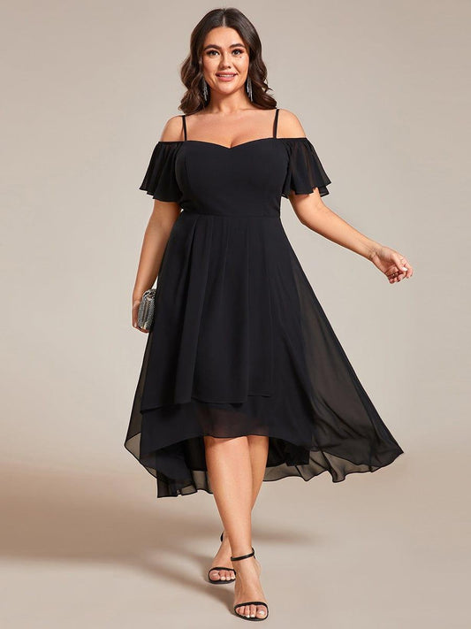 pretty JORDANE|Plus Size Cold Shoulder Sweetheart Necklin Chiffon Midi Wedding Guest Dress