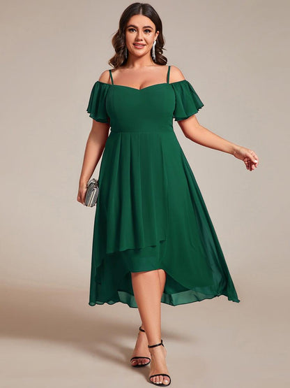 pretty JORDANE|Plus Size Cold Shoulder Sweetheart Necklin Chiffon Midi Wedding Guest Dress