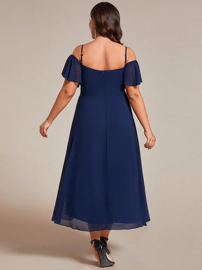 pretty JORDANE|Plus Size Cold Shoulder Sweetheart Necklin Chiffon Midi Wedding Guest Dress