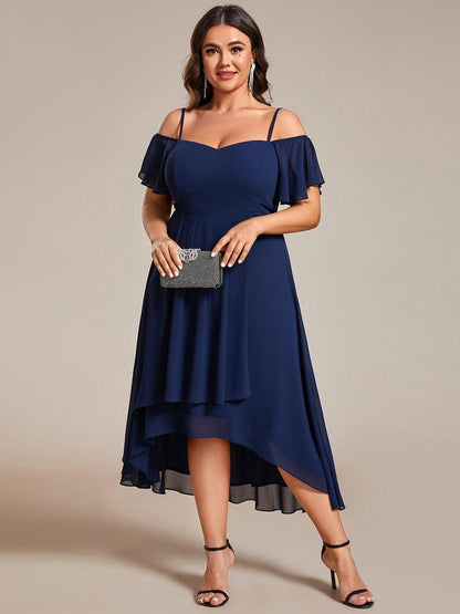 pretty JORDANE|Plus Size Cold Shoulder Sweetheart Necklin Chiffon Midi Wedding Guest Dress