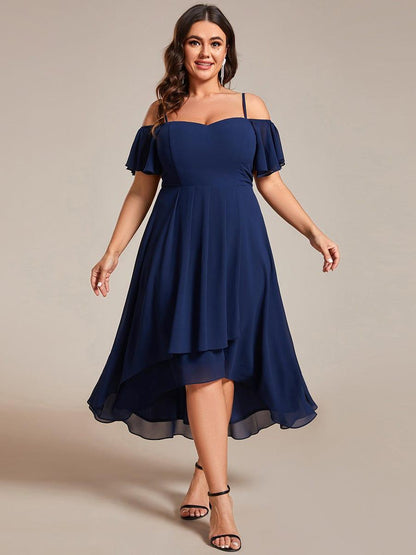 pretty JORDANE|Plus Size Cold Shoulder Sweetheart Necklin Chiffon Midi Wedding Guest Dress