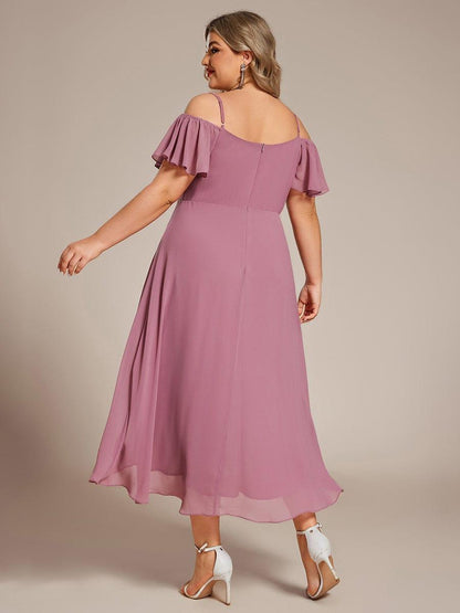 pretty JORDANE|Plus Size Cold Shoulder Sweetheart Necklin Chiffon Midi Wedding Guest Dress