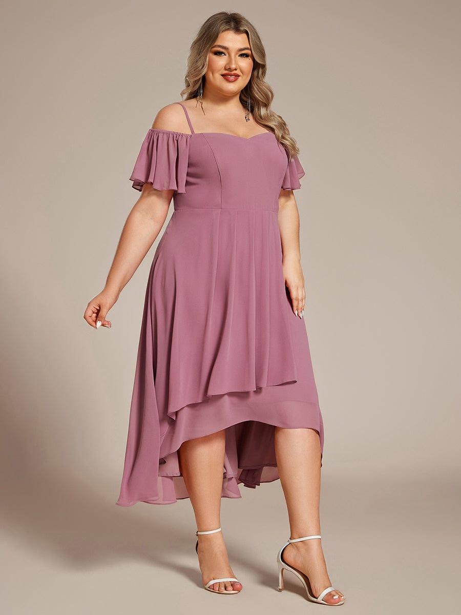 pretty JORDANE|Plus Size Cold Shoulder Sweetheart Necklin Chiffon Midi Wedding Guest Dress