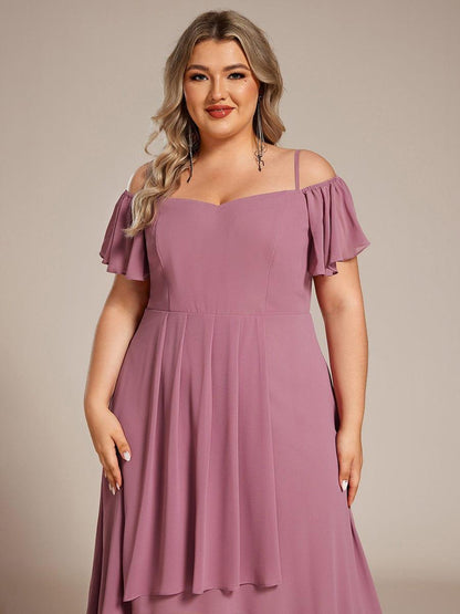 pretty JORDANE|Plus Size Cold Shoulder Sweetheart Necklin Chiffon Midi Wedding Guest Dress