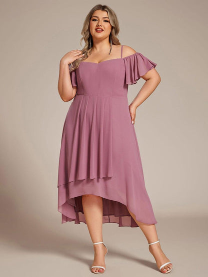pretty JORDANE|Plus Size Cold Shoulder Sweetheart Necklin Chiffon Midi Wedding Guest Dress