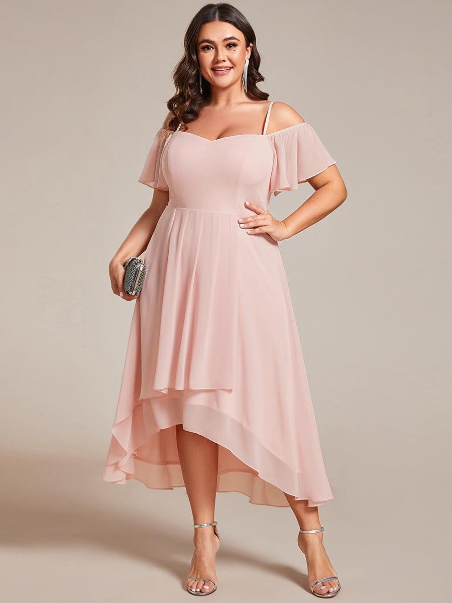 pretty JORDANE|Plus Size Cold Shoulder Sweetheart Necklin Chiffon Midi Wedding Guest Dress