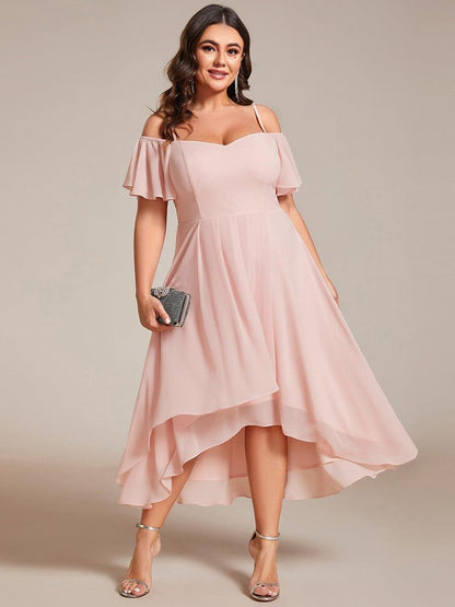 pretty JORDANE|Plus Size Cold Shoulder Sweetheart Necklin Chiffon Midi Wedding Guest Dress