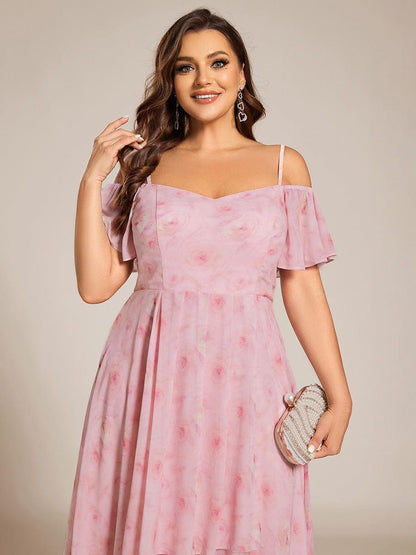 pretty JORDANE|Plus Size Cold Shoulder Sweetheart Necklin Chiffon Midi Wedding Guest Dress