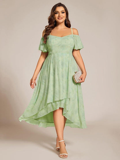 pretty JORDANE|Plus Size Cold Shoulder Sweetheart Necklin Chiffon Midi Wedding Guest Dress