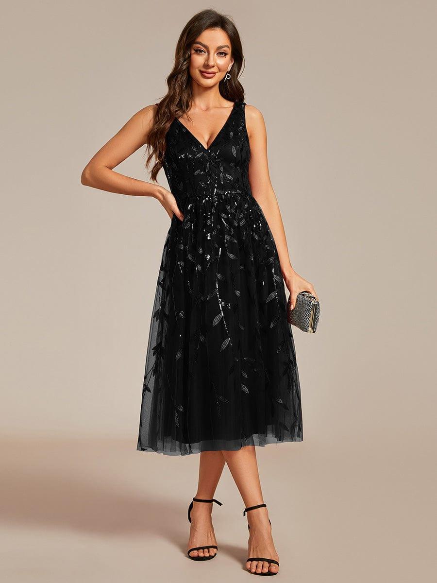 ever ROUX|V-Neck Leaf Sequined Sleeveless A-Line Midi Wedding Guest Dress