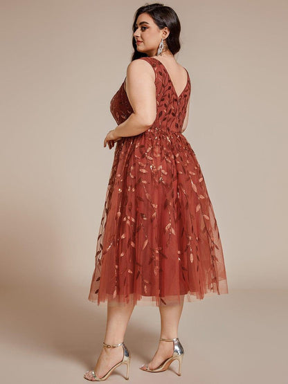 pretty ROUX|Plus Size Sleeveless Leaf Sequin A-Line Midi Wedding Guest Dress