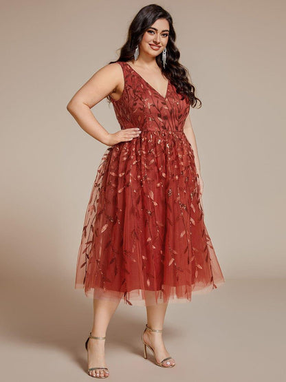 pretty ROUX|Plus Size Sleeveless Leaf Sequin A-Line Midi Wedding Guest Dress