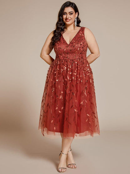pretty ROUX|Plus Size Sleeveless Leaf Sequin A-Line Midi Wedding Guest Dress