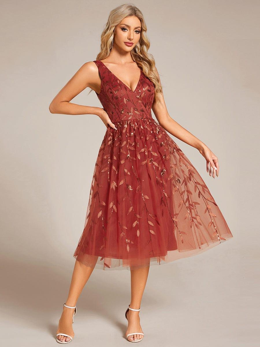 ever ROUX|V-Neck Leaf Sequined Sleeveless A-Line Midi Wedding Guest Dress