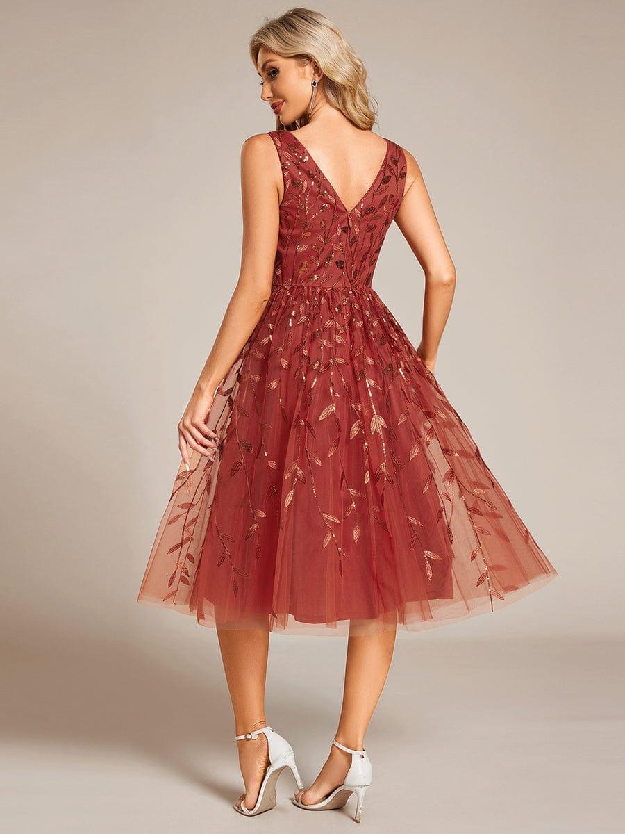 ever ROUX|V-Neck Leaf Sequined Sleeveless A-Line Midi Wedding Guest Dress