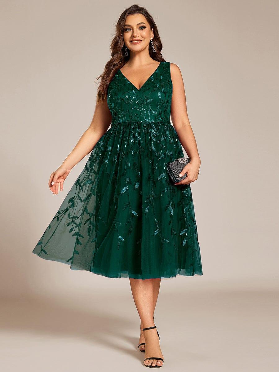 ever ROUX|V-Neck Leaf Sequined Sleeveless A-Line Midi Wedding Guest Dress