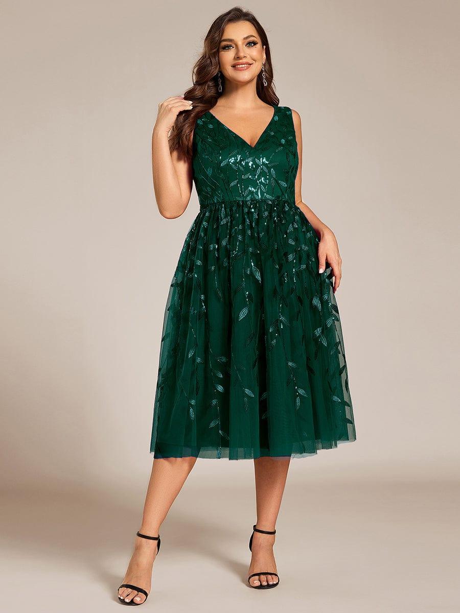 pretty ROUX|Plus Size Sleeveless Leaf Sequin A-Line Midi Wedding Guest Dress