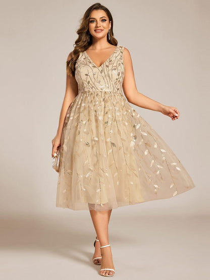 ever ROUX|V-Neck Leaf Sequined Sleeveless A-Line Midi Wedding Guest Dress