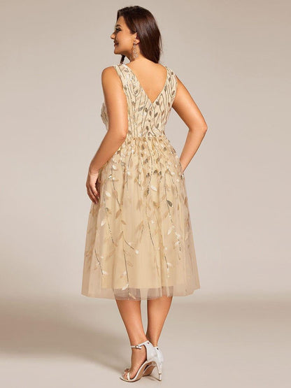 ever ROUX|V-Neck Leaf Sequined Sleeveless A-Line Midi Wedding Guest Dress