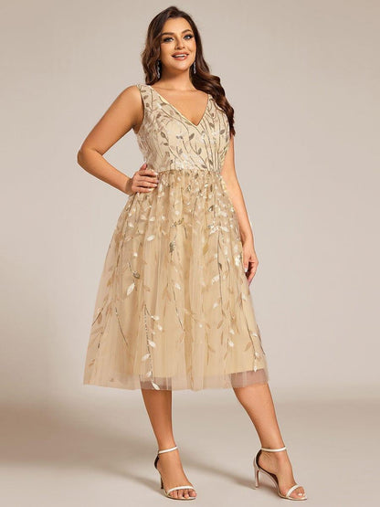 pretty ROUX|Plus Size Sleeveless Leaf Sequin A-Line Midi Wedding Guest Dress