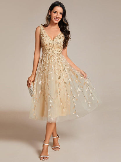 ever ROUX|V-Neck Leaf Sequined Sleeveless A-Line Midi Wedding Guest Dress