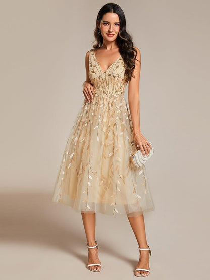 ever ROUX|V-Neck Leaf Sequined Sleeveless A-Line Midi Wedding Guest Dress