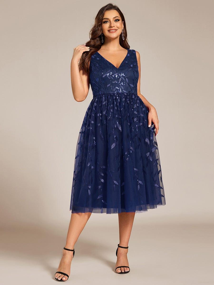 pretty ROUX|Plus Size Sleeveless Leaf Sequin A-Line Midi Wedding Guest Dress