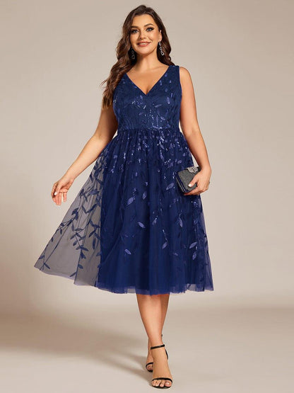 pretty ROUX|Plus Size Sleeveless Leaf Sequin A-Line Midi Wedding Guest Dress