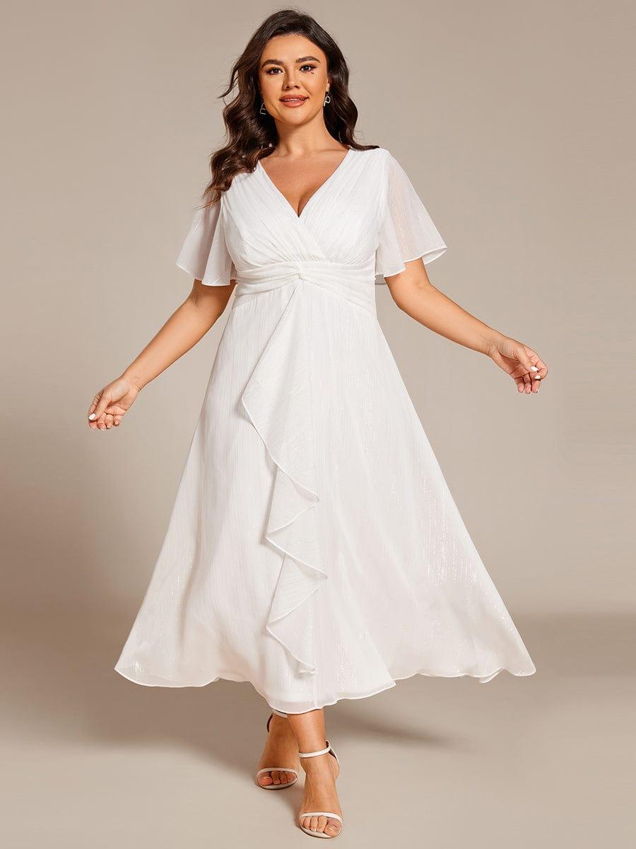 pretty OPAHL|Plus Size Silver Metallic Fabric V-Neck A-Line Wedding Guest Dress featuring Delicate Ruffled Hem