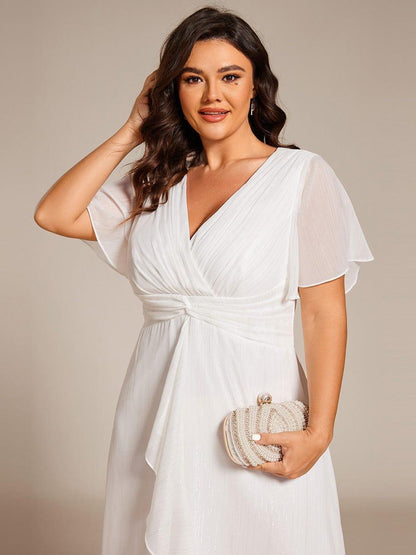 pretty OPAHL|Plus Size Silver Metallic Fabric V-Neck A-Line Wedding Guest Dress featuring Delicate Ruffled Hem