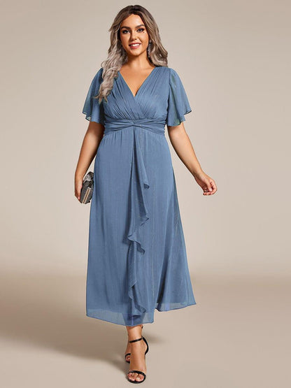 pretty OPAHL|Plus Size Silver Metallic Fabric V-Neck A-Line Wedding Guest Dress featuring Delicate Ruffled Hem