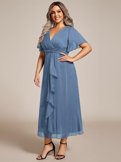 pretty OPAHL|Plus Size Silver Metallic Fabric V-Neck A-Line Wedding Guest Dress featuring Delicate Ruffled Hem