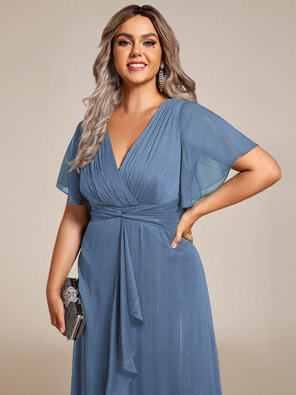pretty OPAHL|Plus Size Silver Metallic Fabric V-Neck A-Line Wedding Guest Dress featuring Delicate Ruffled Hem
