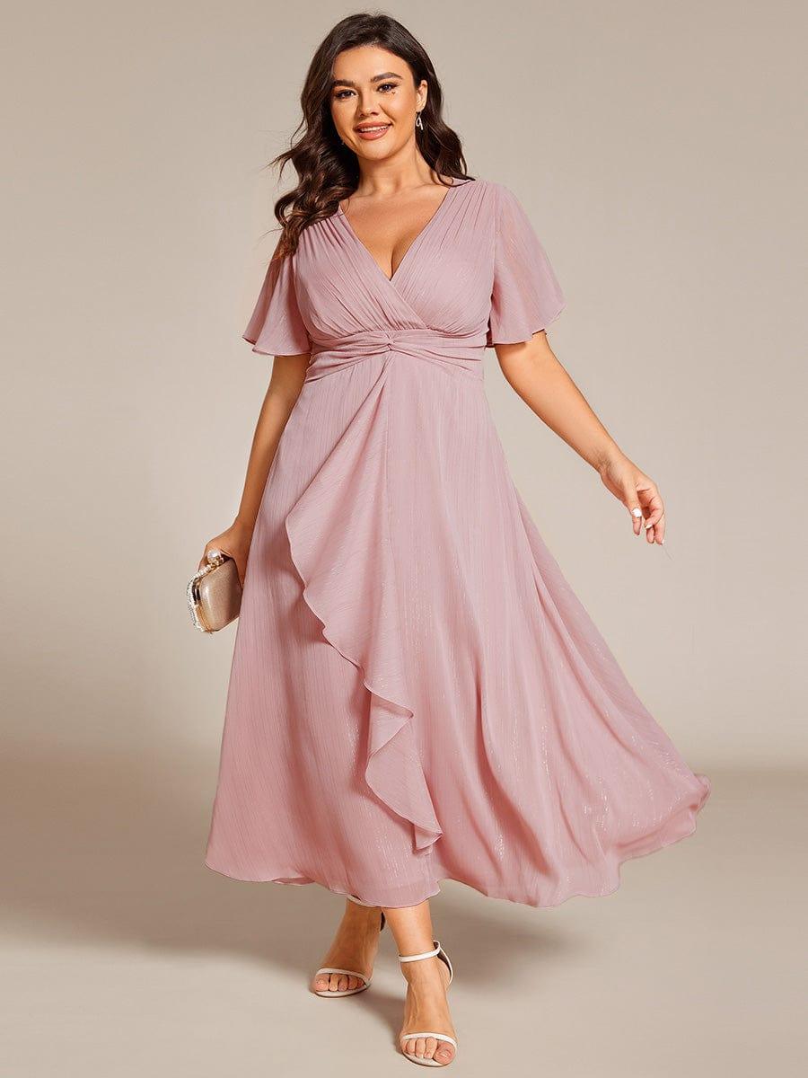 pretty OPAHL|Plus Size Silver Metallic Fabric V-Neck A-Line Wedding Guest Dress featuring Delicate Ruffled Hem
