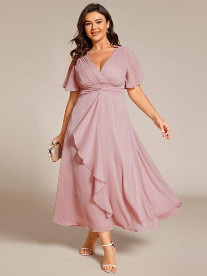 pretty OPAHL|Plus Size Silver Metallic Fabric V-Neck A-Line Wedding Guest Dress featuring Delicate Ruffled Hem