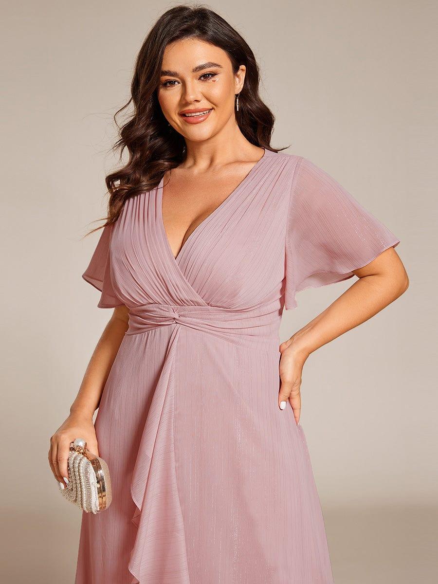 pretty OPAHL|Plus Size Silver Metallic Fabric V-Neck A-Line Wedding Guest Dress featuring Delicate Ruffled Hem