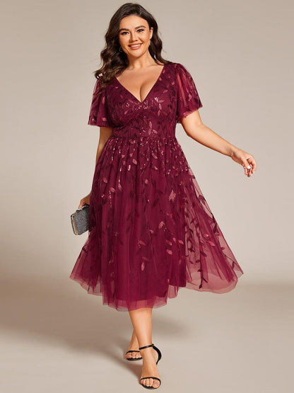 pretty SIMONE|Plus Size Sparkly A-Line Midi Tulle Formal Wedding Guest Dress with Leaf Sequin