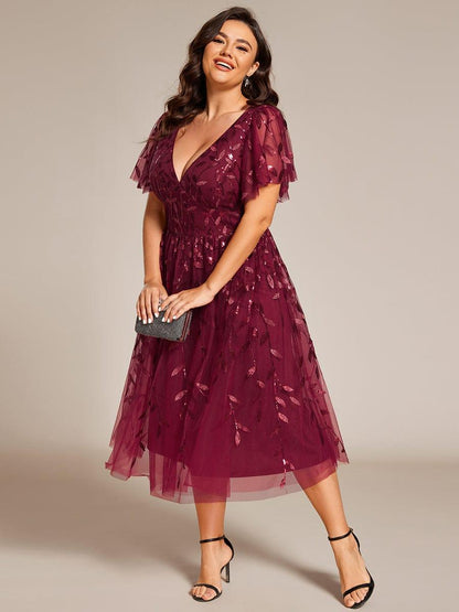 pretty SIMONE|Plus Size Sparkly A-Line Midi Tulle Formal Wedding Guest Dress with Leaf Sequin