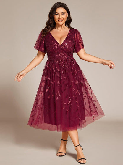 pretty SIMONE|Plus Size Sparkly A-Line Midi Tulle Formal Wedding Guest Dress with Leaf Sequin