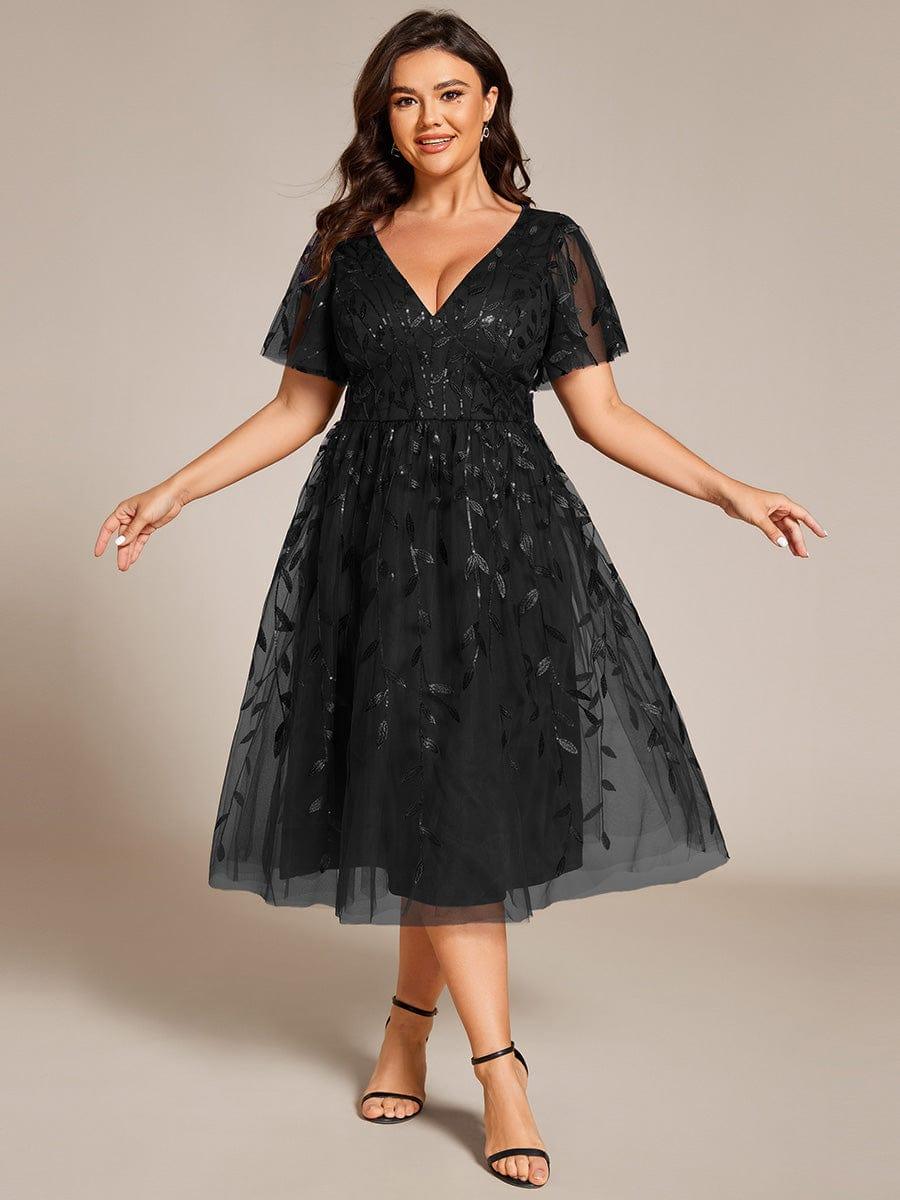 pretty SIMONE|Plus Size Sparkly A-Line Midi Tulle Formal Wedding Guest Dress with Leaf Sequin