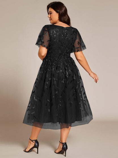 pretty SIMONE|Plus Size Sparkly A-Line Midi Tulle Formal Wedding Guest Dress with Leaf Sequin