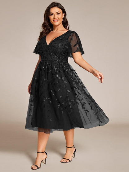 pretty SIMONE|Plus Size Sparkly A-Line Midi Tulle Formal Wedding Guest Dress with Leaf Sequin