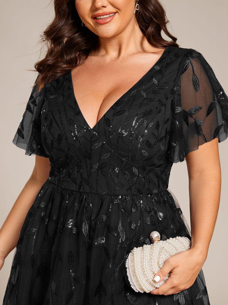 pretty SIMONE|Plus Size Sparkly A-Line Midi Tulle Formal Wedding Guest Dress with Leaf Sequin