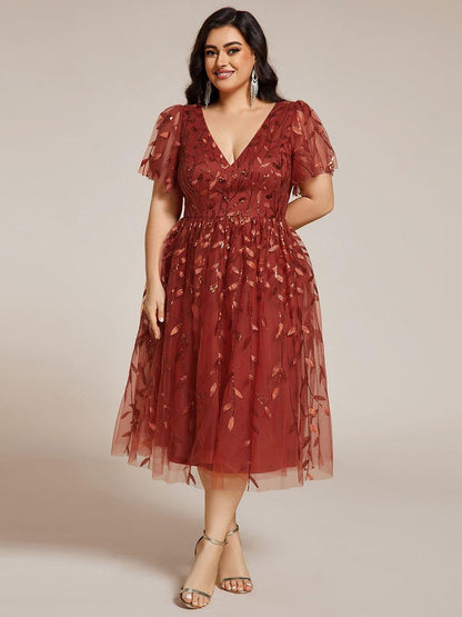 pretty SIMONE|Plus Size Sparkly A-Line Midi Tulle Formal Wedding Guest Dress with Leaf Sequin