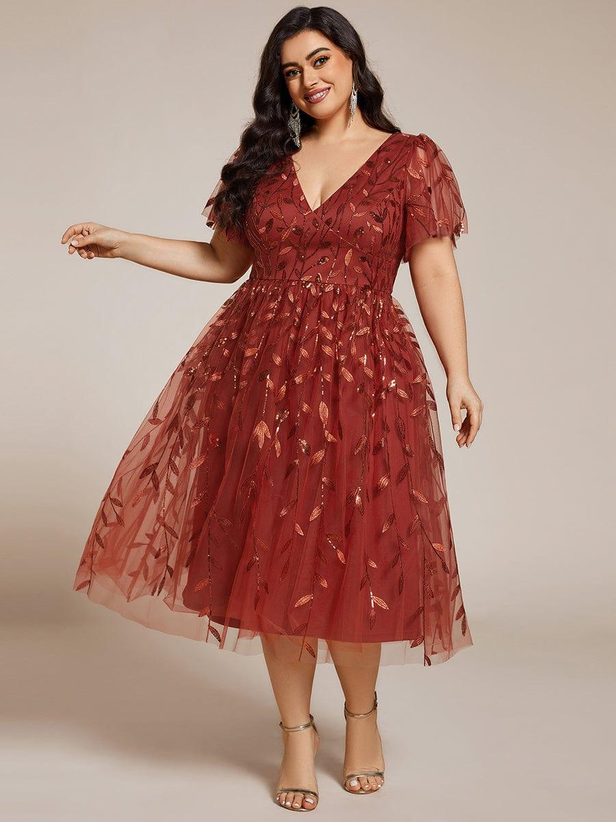 pretty SIMONE|Plus Size Sparkly A-Line Midi Tulle Formal Wedding Guest Dress with Leaf Sequin