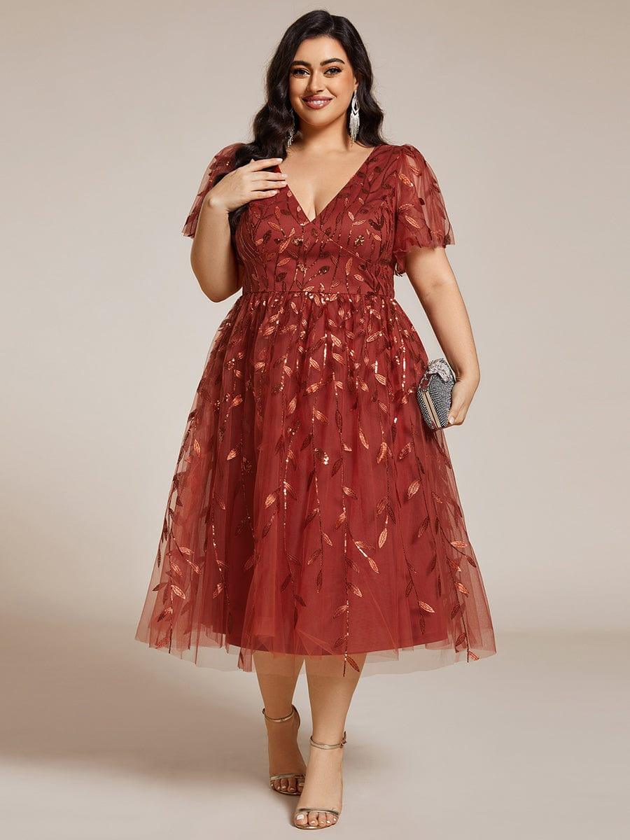 pretty SIMONE|Plus Size Sparkly A-Line Midi Tulle Formal Wedding Guest Dress with Leaf Sequin