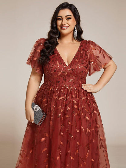 pretty SIMONE|Plus Size Sparkly A-Line Midi Tulle Formal Wedding Guest Dress with Leaf Sequin